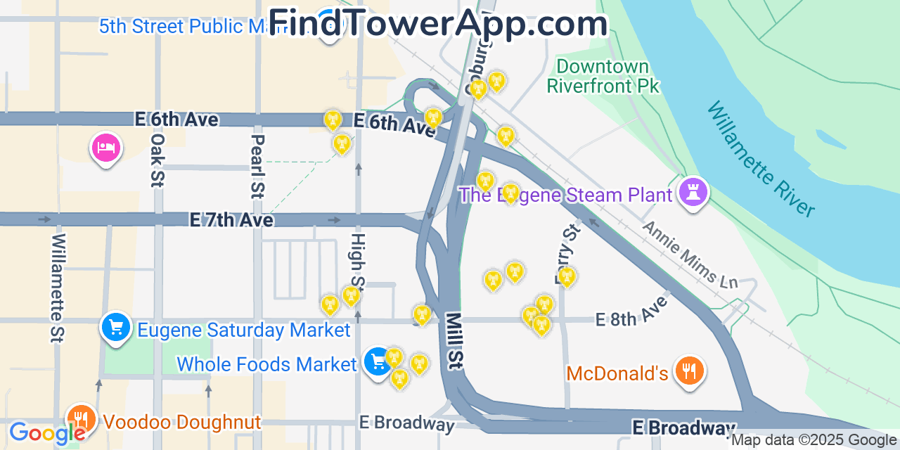 Map showing the 20 primary cell tower locations detected in Eugene, Oregon from AT&T, Verizon, and T-Mobile networks