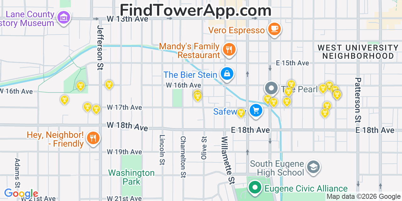 Map showing the 20 primary cell tower locations detected in Eugene, Oregon from AT&T, Verizon, and T-Mobile networks