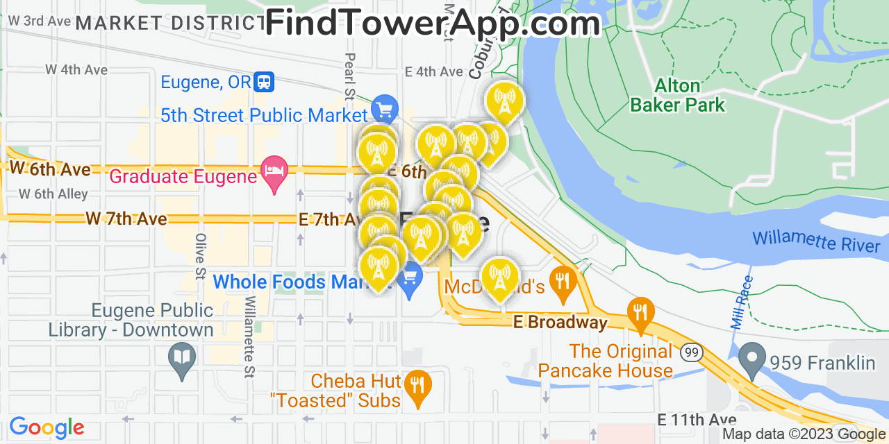 Verizon 4G/5G cell tower coverage map Eugene, Oregon