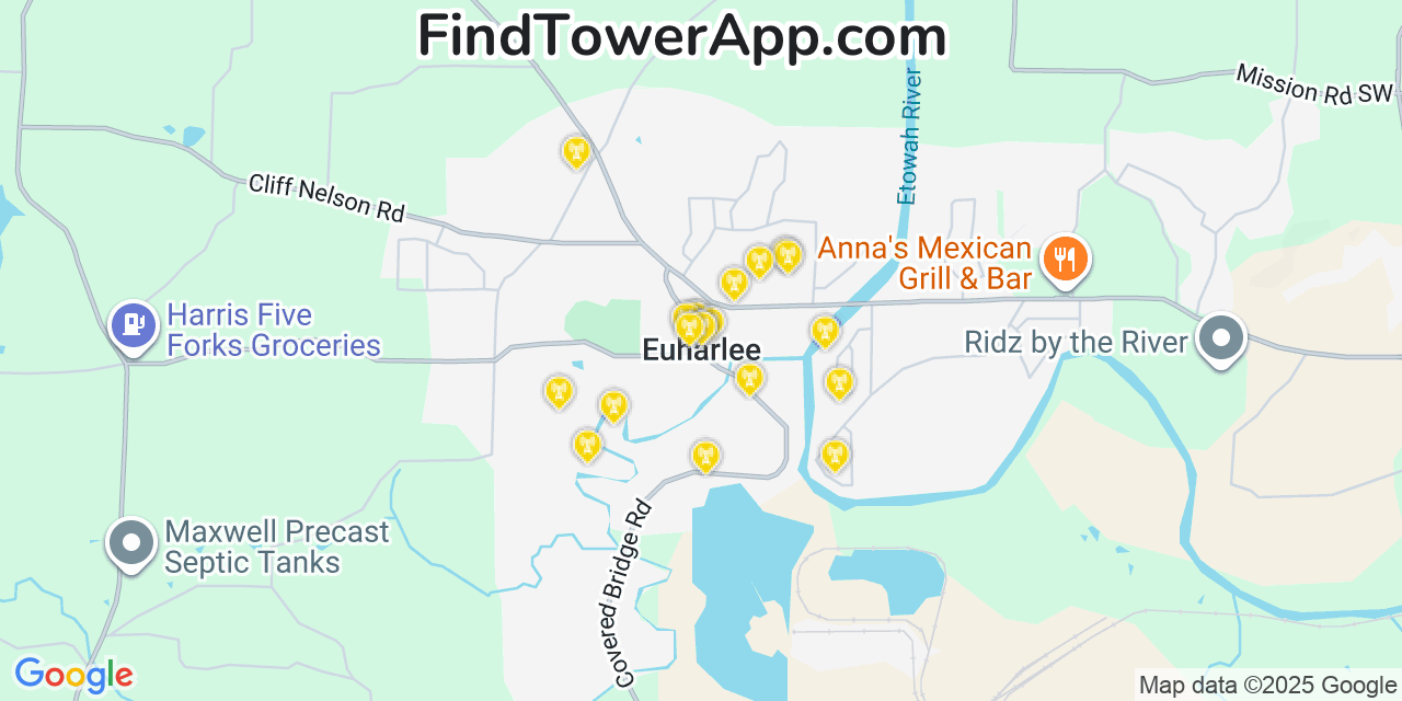 Map showing the 20 primary cell tower locations detected in Euharlee, Georgia from AT&T, Verizon, and T-Mobile networks