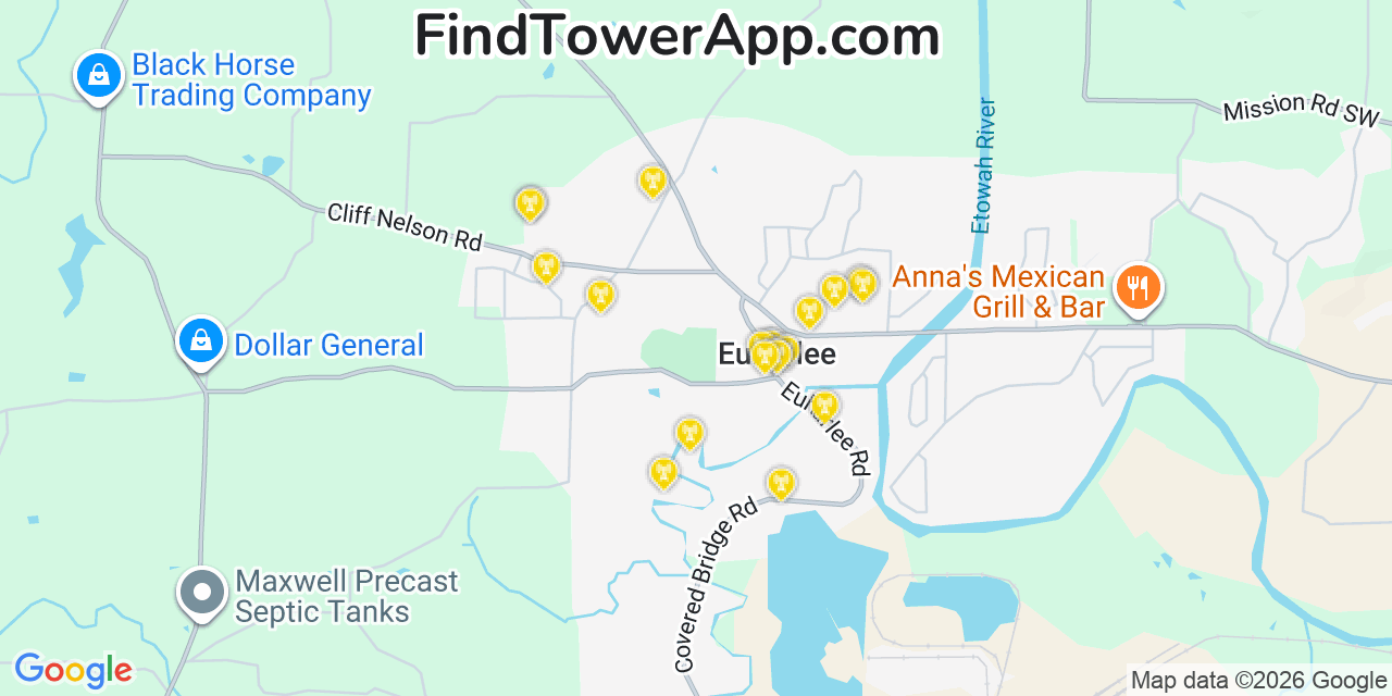 Map showing the 20 primary cell tower locations detected in Euharlee, Georgia from AT&T, Verizon, and T-Mobile networks