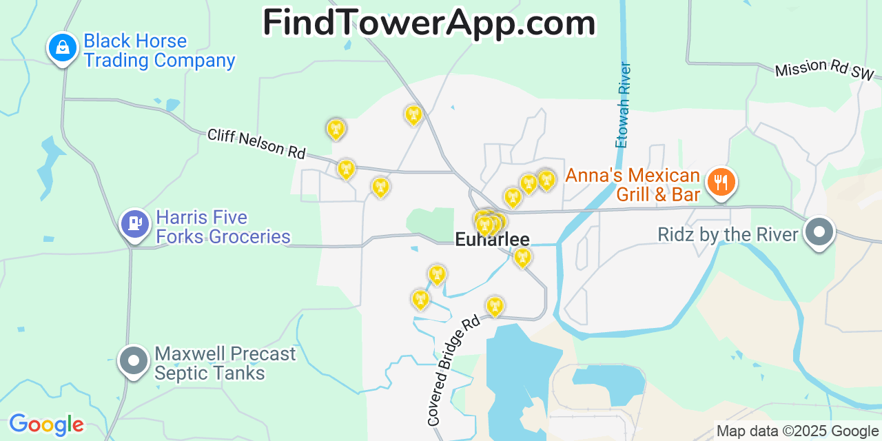 Map showing the 20 primary Mobitel cell tower locations detected in Euharlee, Georgia with coverage radius and signal strength indicators