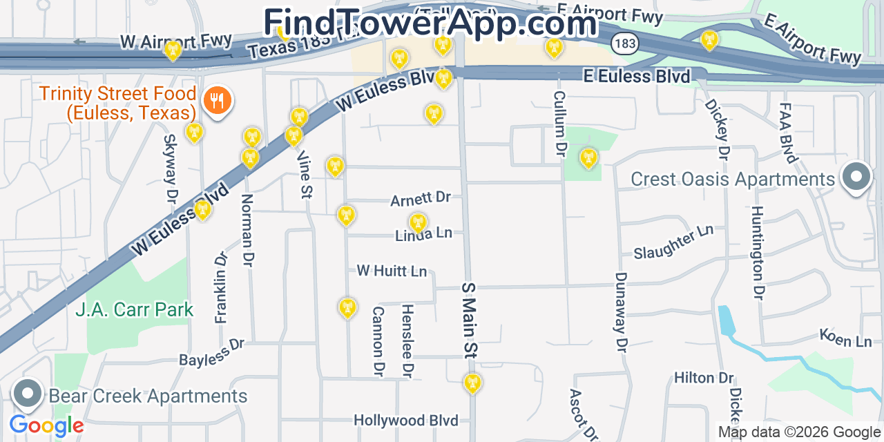 Map showing the 20 primary cell tower locations detected in Euless, Texas from AT&T, Verizon, and T-Mobile networks