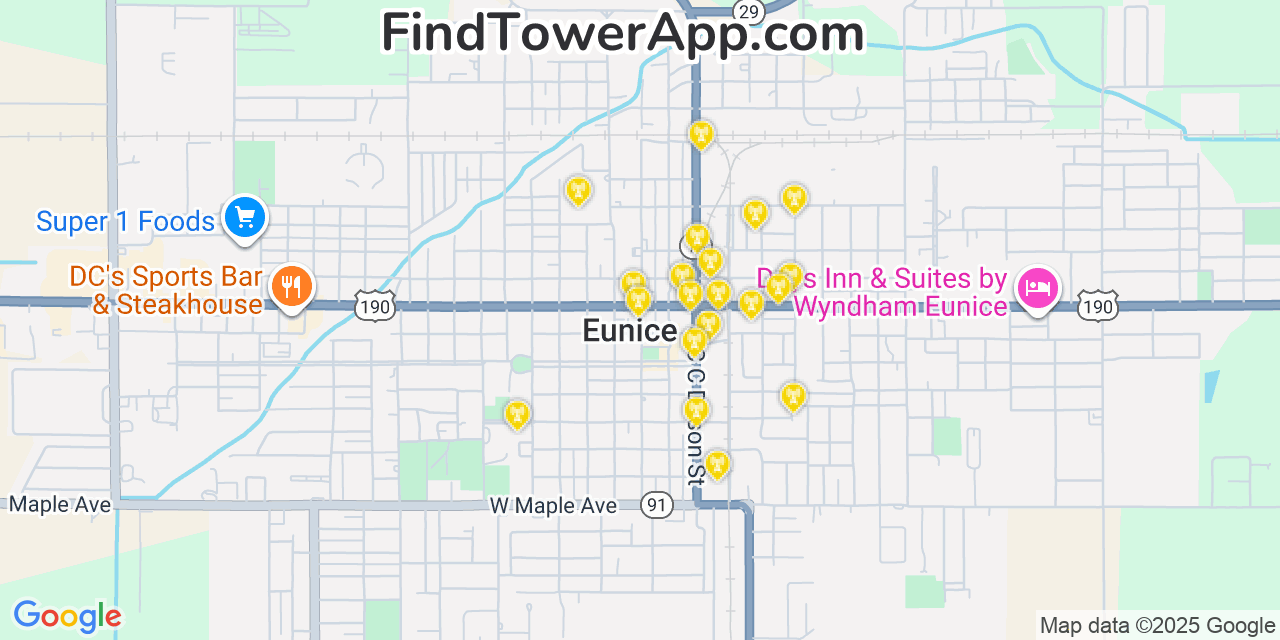 Map showing the 20 primary cell tower locations detected in Eunice, Louisiana from AT&T, Verizon, and T-Mobile networks