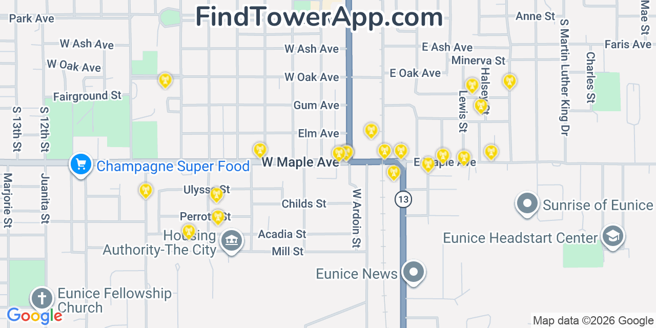 Map showing the 20 primary cell tower locations detected in Eunice, Louisiana from AT&T, Verizon, and T-Mobile networks