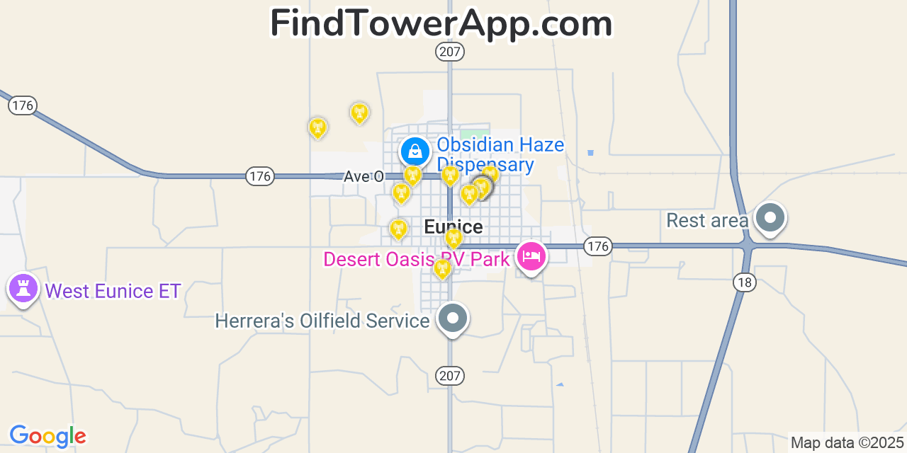 Map showing the 20 primary cell tower locations detected in Eunice, New Mexico from AT&T, Verizon, and T-Mobile networks