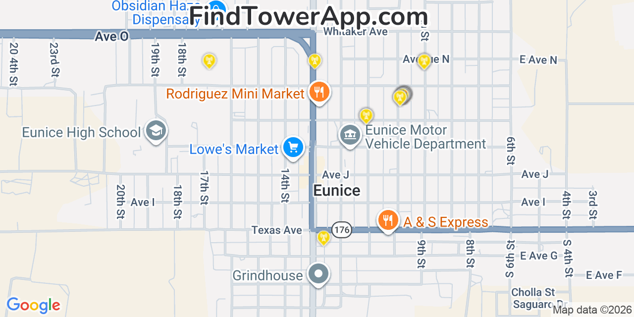 Map showing the 20 primary cell tower locations detected in Eunice, New Mexico from AT&T, Verizon, and T-Mobile networks