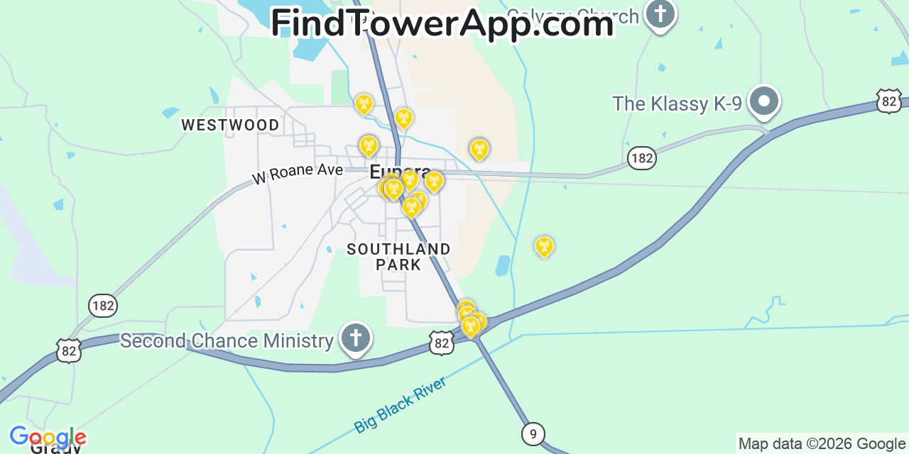 Map showing the 20 primary cell tower locations detected in Eupora, Mississippi from AT&T, Verizon, and T-Mobile networks