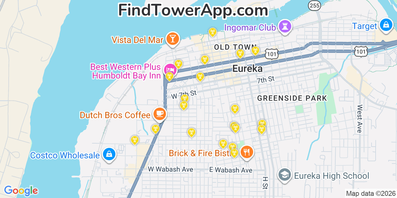 Map showing the 20 primary cell tower locations detected in Eureka, California from AT&T, Verizon, and T-Mobile networks