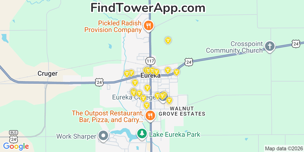 Map showing the 20 primary cell tower locations detected in Eureka, Illinois from AT&T, Verizon, and T-Mobile networks