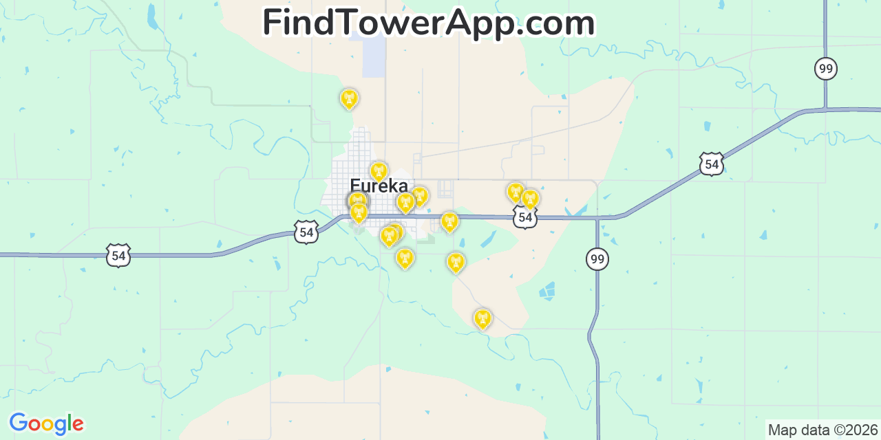Map showing the 20 primary cell tower locations detected in Eureka, Kansas from AT&T, Verizon, and T-Mobile networks