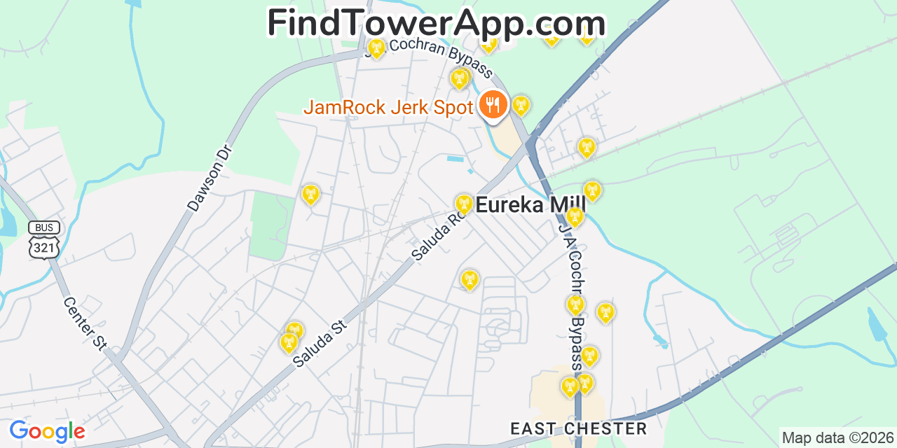 Map showing the 20 primary cell tower locations detected in Eureka Mill, South Carolina from AT&T, Verizon, and T-Mobile networks