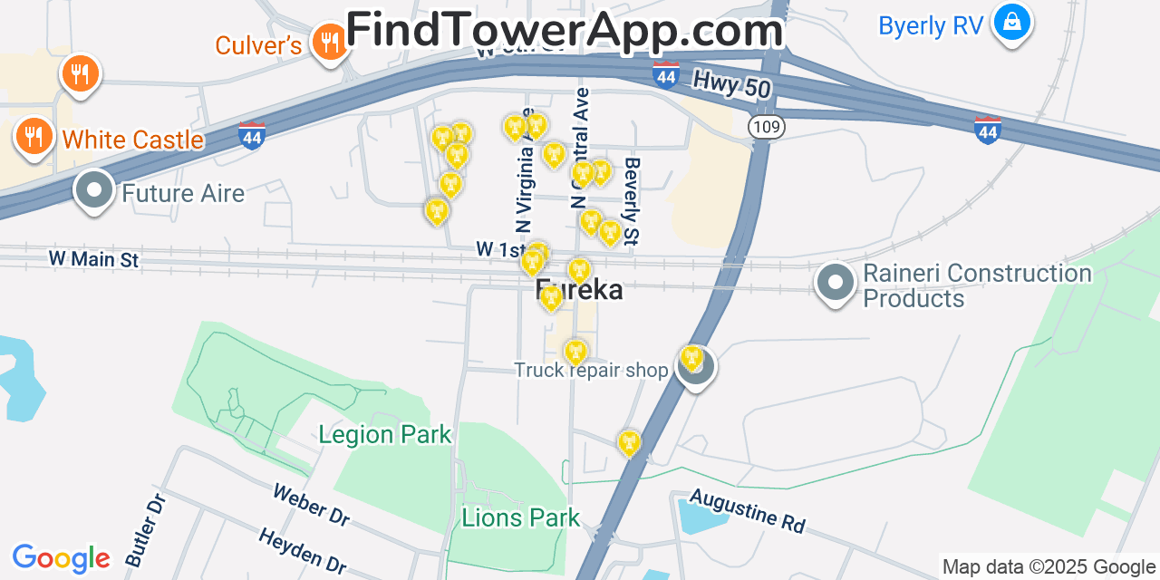 Map showing the 20 primary cell tower locations detected in Eureka, Missouri from AT&T, Verizon, and T-Mobile networks