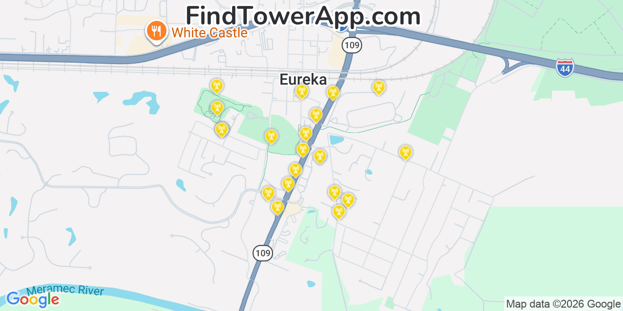 Map showing the 20 primary cell tower locations detected in Eureka, Missouri from AT&T, Verizon, and T-Mobile networks