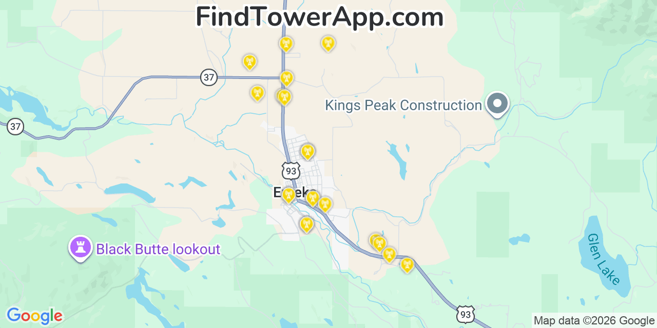 Map showing the 20 primary cell tower locations detected in Eureka, Montana from AT&T, Verizon, and T-Mobile networks