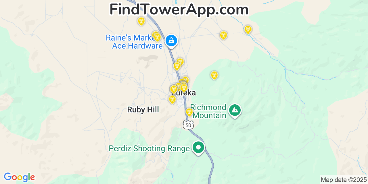 Map showing the 20 primary cell tower locations detected in Eureka, Nevada from AT&T, Verizon, and T-Mobile networks