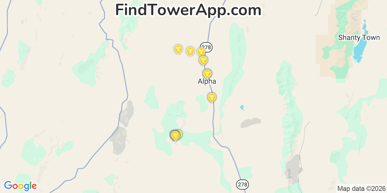 Map showing the 20 primary cell tower locations detected in Eureka, Nevada from AT&T, Verizon, and T-Mobile networks