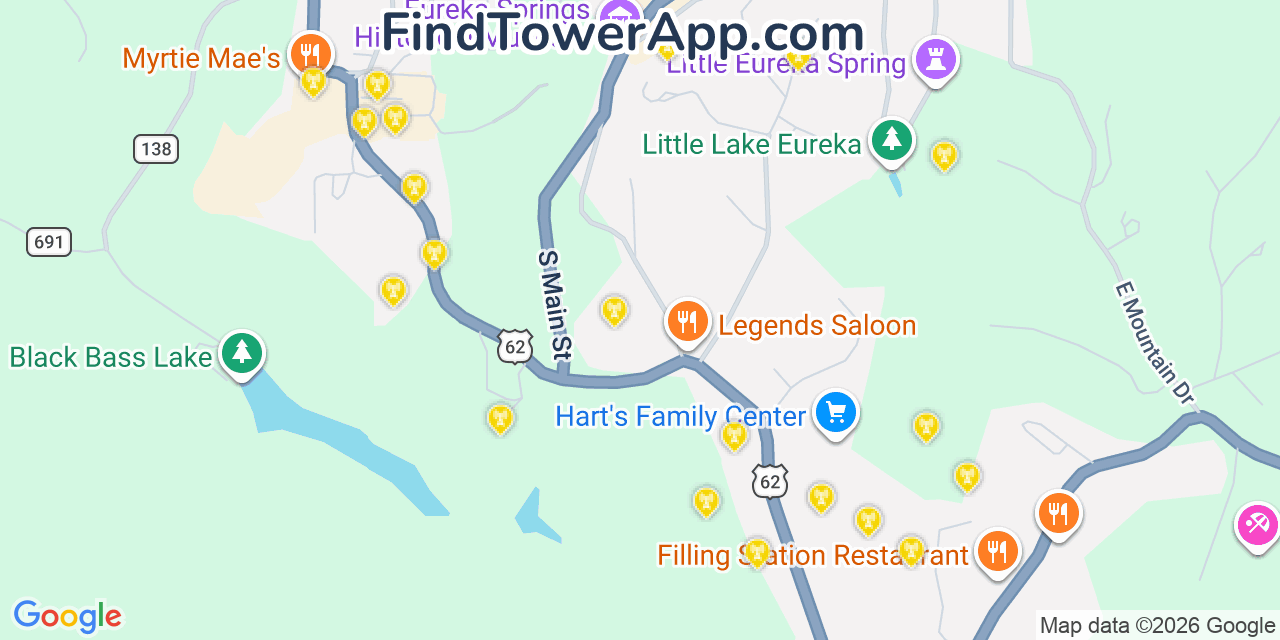 Map showing the 20 primary cell tower locations detected in Eureka Springs, Arkansas from AT&T, Verizon, and T-Mobile networks
