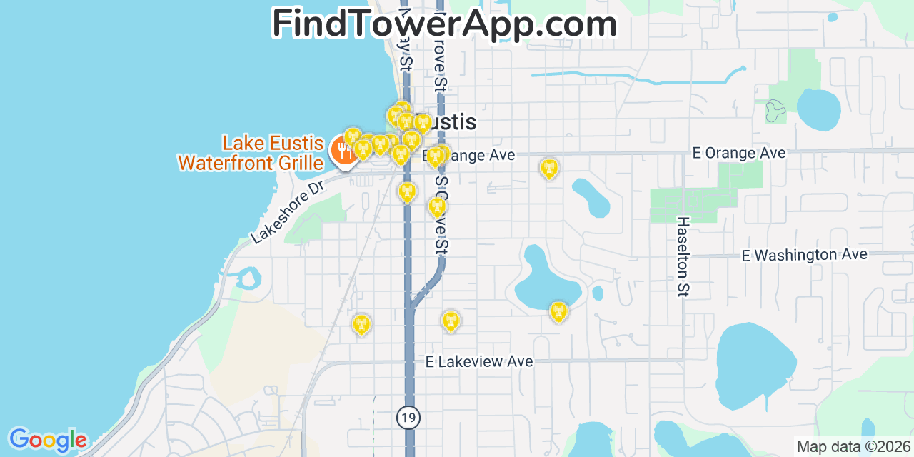 Map showing the 20 primary cell tower locations detected in Eustis, Florida from AT&T, Verizon, and T-Mobile networks