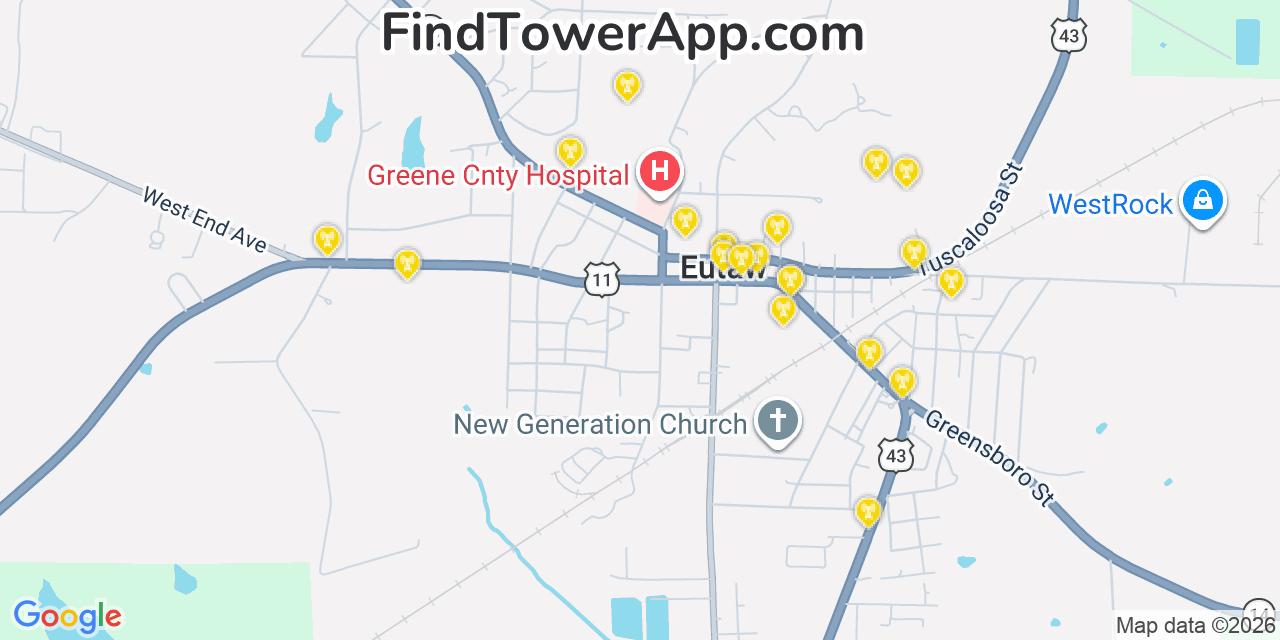 Map showing the 20 primary cell tower locations detected in Eutaw, Alabama from AT&T, Verizon, and T-Mobile networks