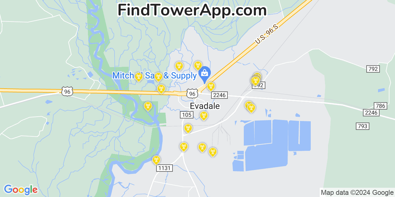 AT&T 4G/5G cell tower coverage map Evadale, Texas