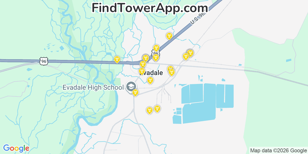 Map showing the 20 primary cell tower locations detected in Evadale, Texas from AT&T, Verizon, and T-Mobile networks