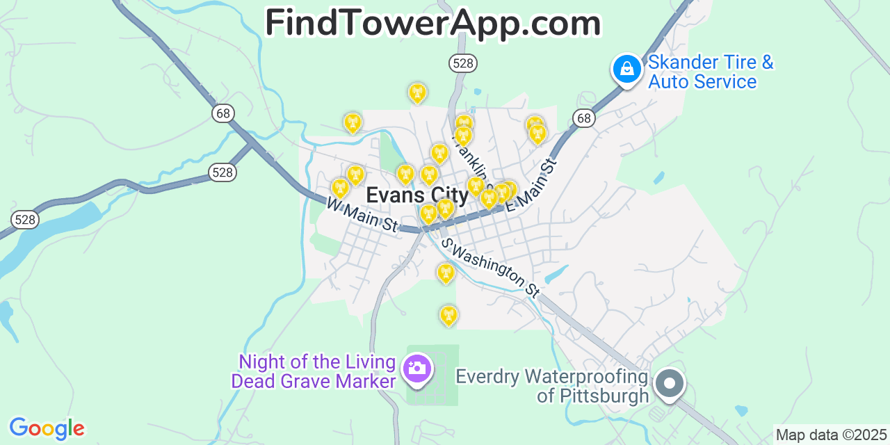 Map showing the 20 primary cell tower locations detected in Evans City, Pennsylvania from AT&T, Verizon, and T-Mobile networks