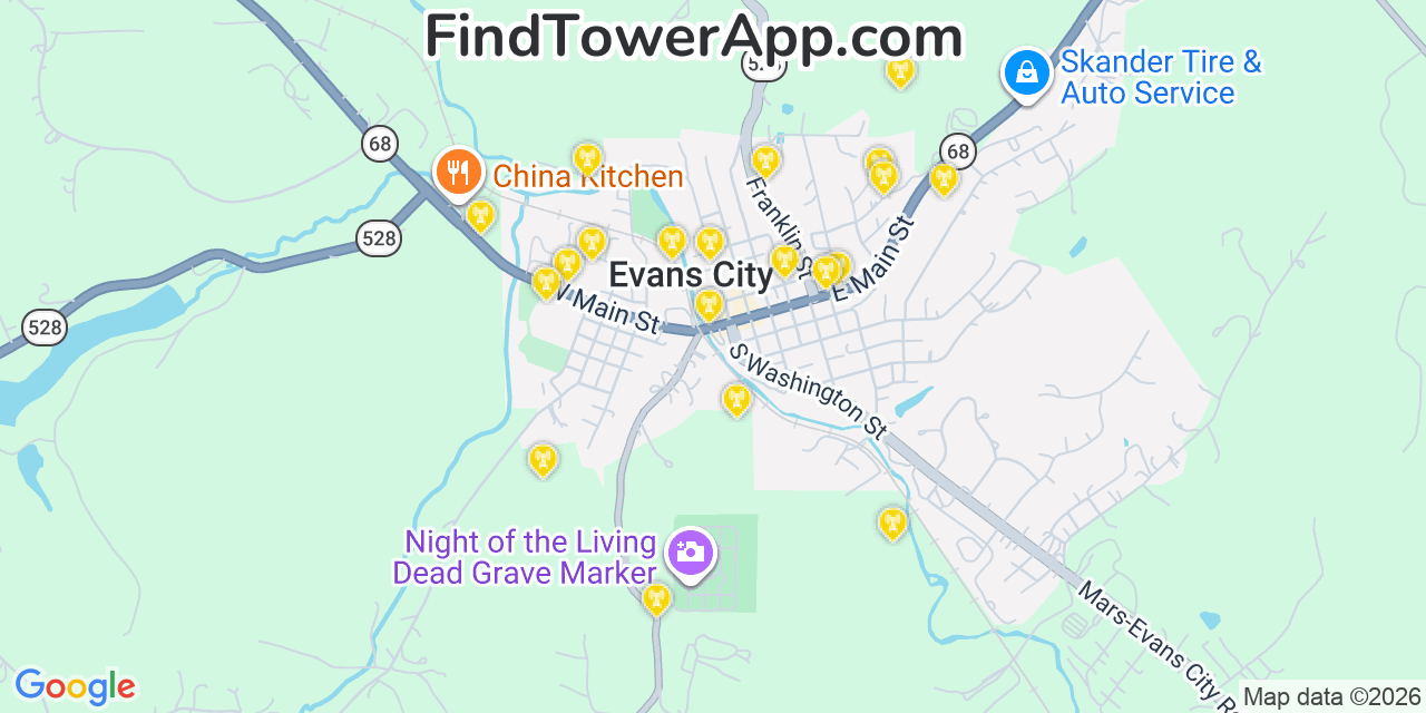 Map showing the 20 primary cell tower locations detected in Evans City, Pennsylvania from AT&T, Verizon, and T-Mobile networks