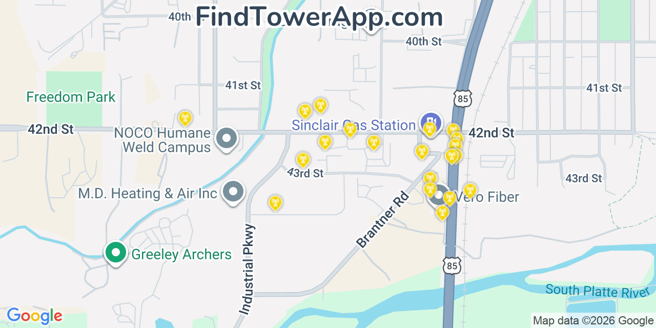 Map showing the 20 primary cell tower locations detected in Evans, Colorado from AT&T, Verizon, and T-Mobile networks