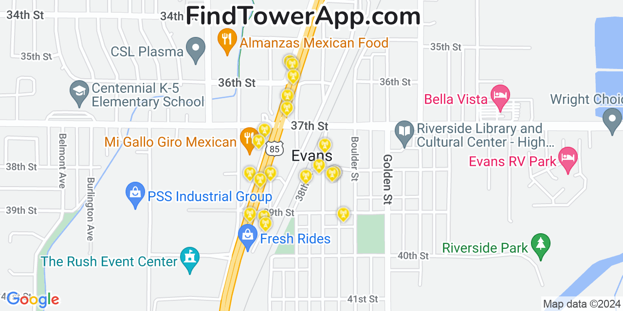 T-Mobile 4G/5G cell tower coverage map Evans, Colorado