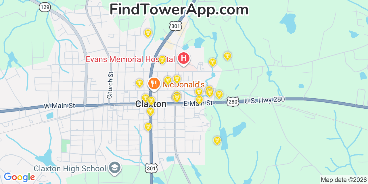 Map showing the 20 primary cell tower locations detected in Evans, Georgia from AT&T, Verizon, and T-Mobile networks