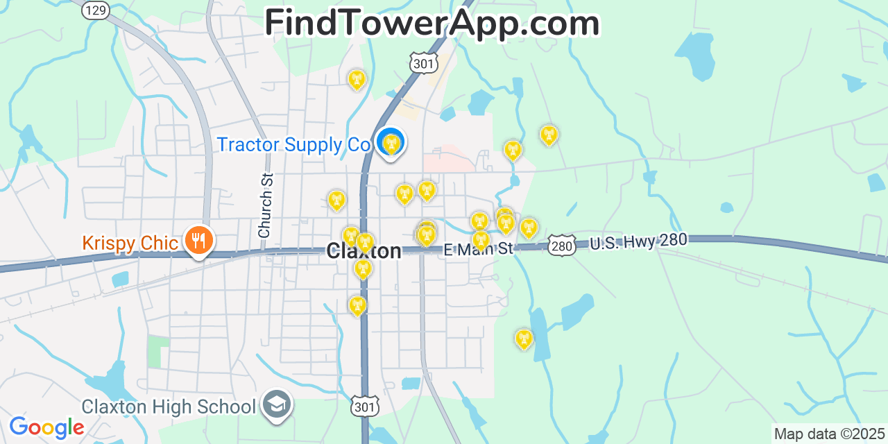 Map showing the 20 primary Mobitel cell tower locations detected in Evans, Georgia with coverage radius and signal strength indicators