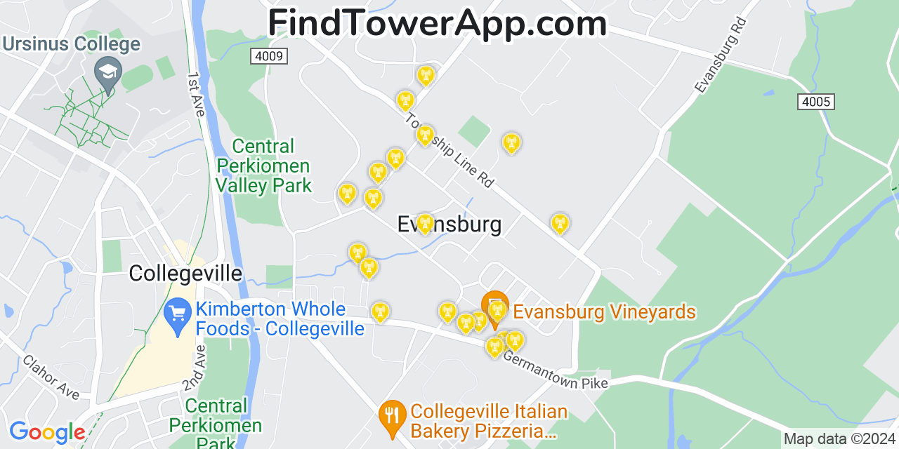 AT&T 4G/5G cell tower coverage map Evansburg, Pennsylvania