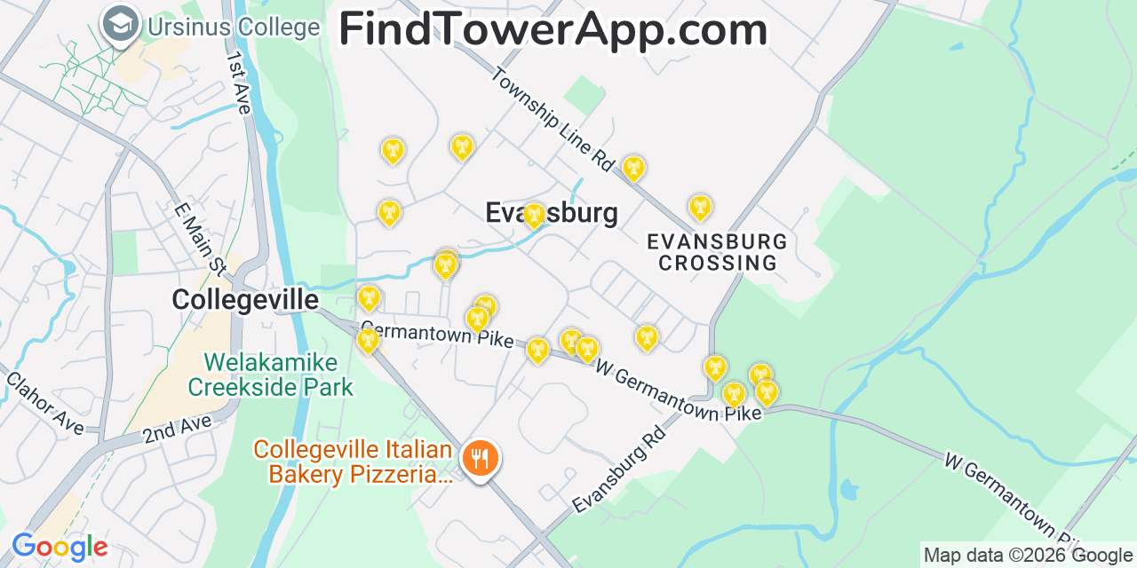 Map showing the 20 primary cell tower locations detected in Evansburg, Pennsylvania from AT&T, Verizon, and T-Mobile networks