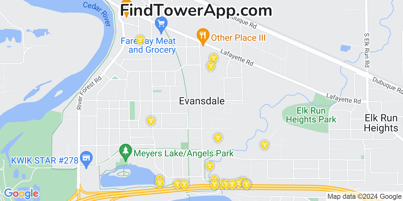 AT&T 4G/5G cell tower coverage map Evansdale, Iowa