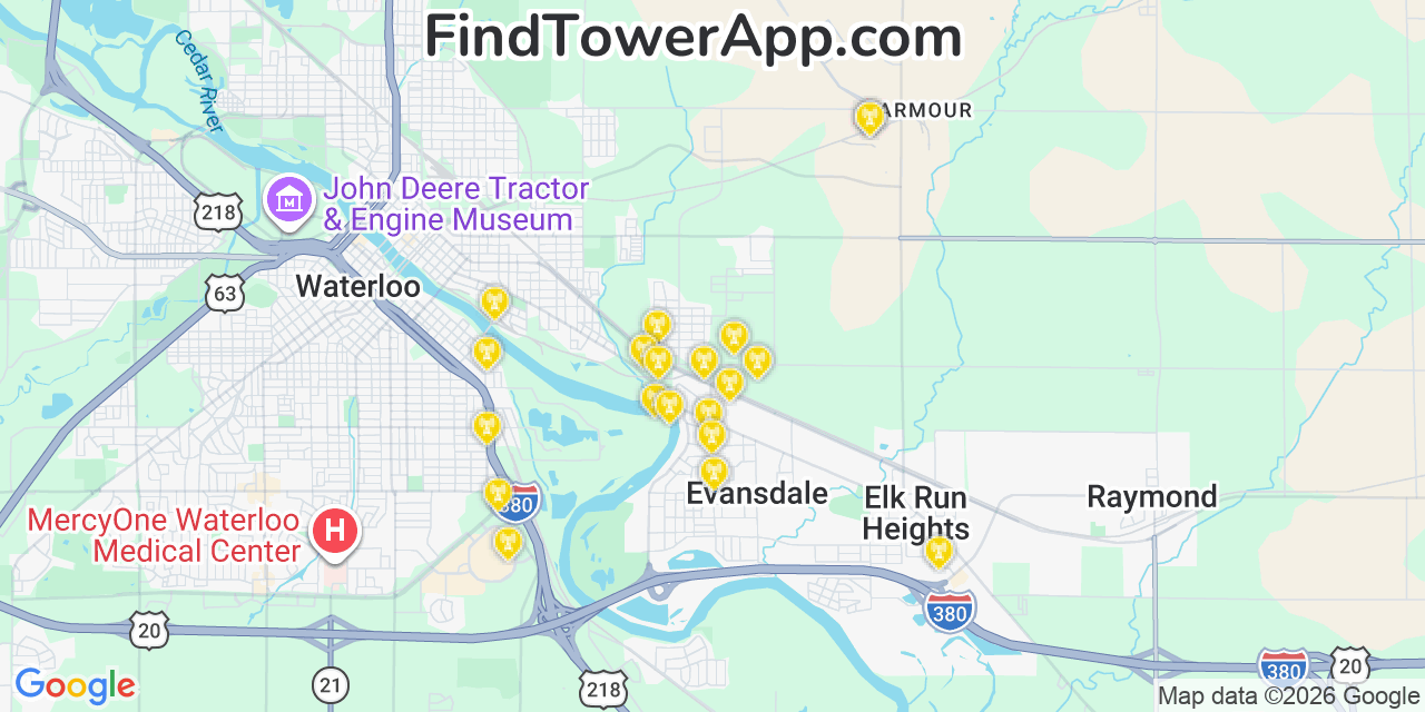 Map showing the 20 primary cell tower locations detected in Evansdale, Iowa from AT&T, Verizon, and T-Mobile networks