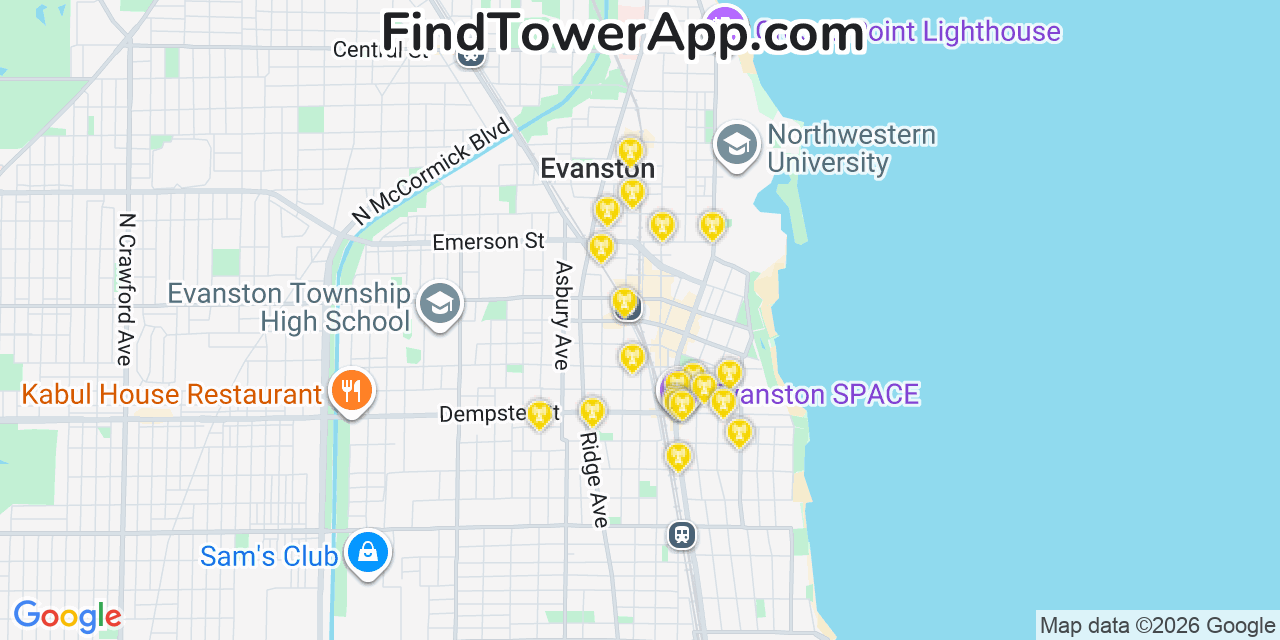 Map showing the 20 primary cell tower locations detected in Evanston, Illinois from AT&T, Verizon, and T-Mobile networks