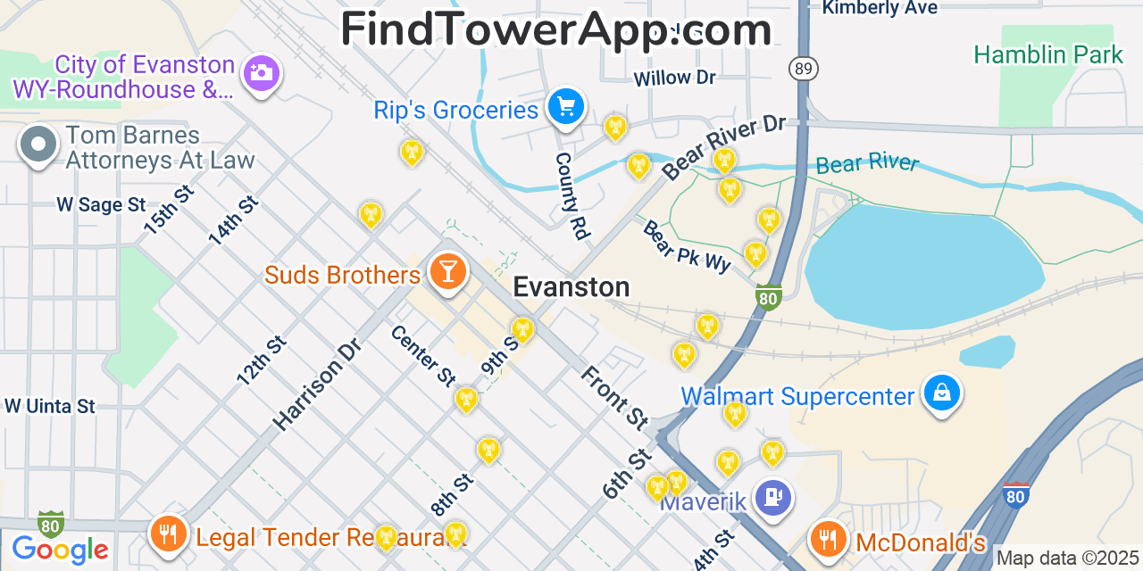 Map showing the 20 primary cell tower locations detected in Evanston, Wyoming from AT&T, Verizon, and T-Mobile networks