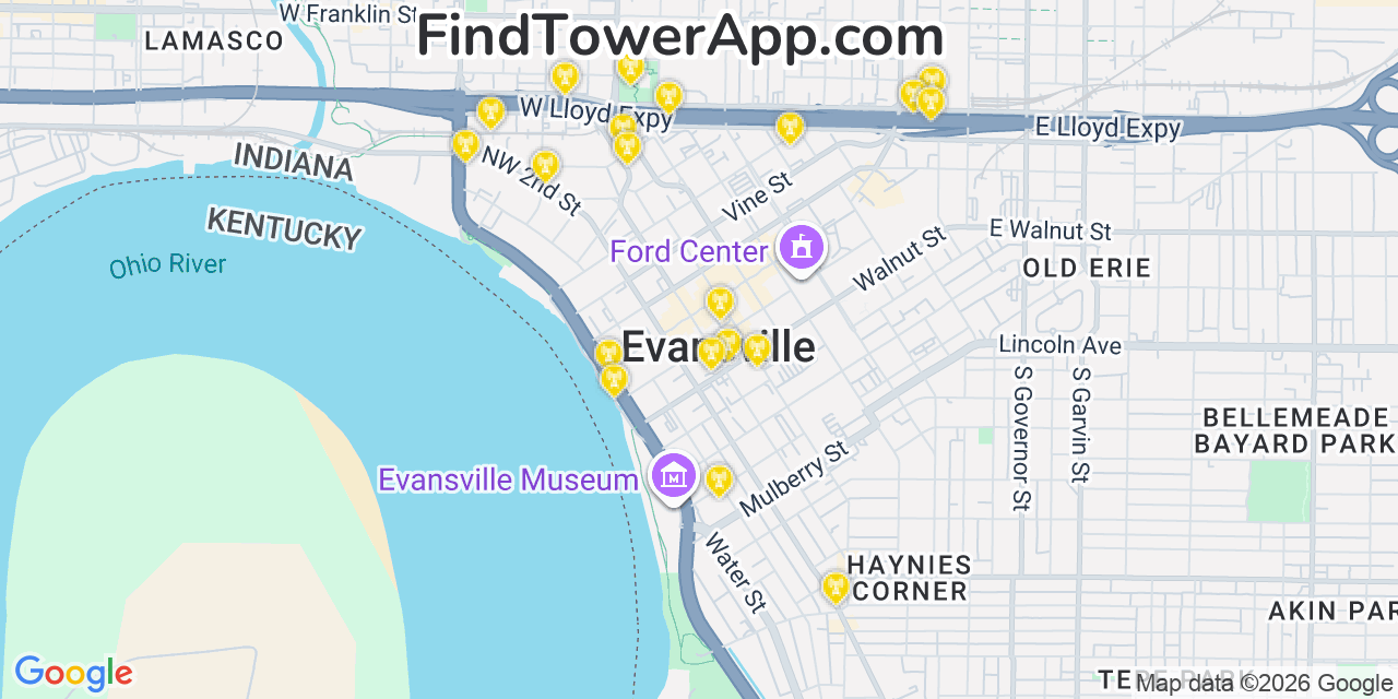 Map showing the 20 primary cell tower locations detected in Evansville, Indiana from AT&T, Verizon, and T-Mobile networks
