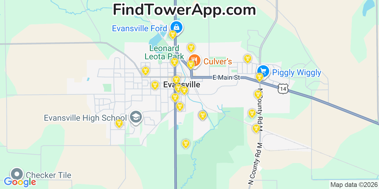 Map showing the 20 primary cell tower locations detected in Evansville, Wisconsin from AT&T, Verizon, and T-Mobile networks