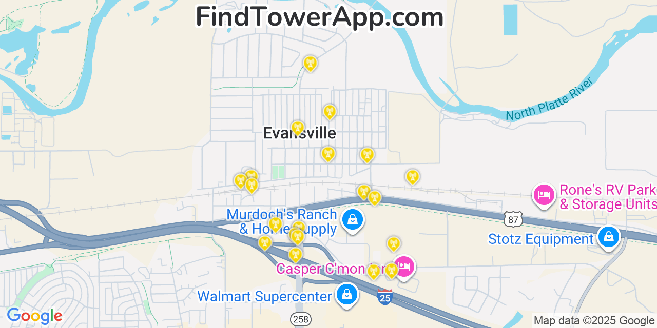 Map showing the 20 primary cell tower locations detected in Evansville, Wyoming from AT&T, Verizon, and T-Mobile networks