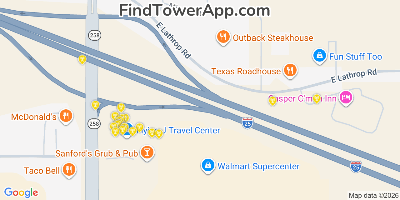 Map showing the 20 primary cell tower locations detected in Evansville, Wyoming from AT&T, Verizon, and T-Mobile networks
