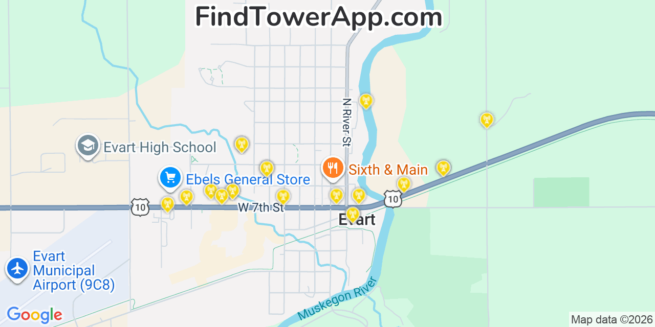 Map showing the 20 primary cell tower locations detected in Evart, Michigan from AT&T, Verizon, and T-Mobile networks