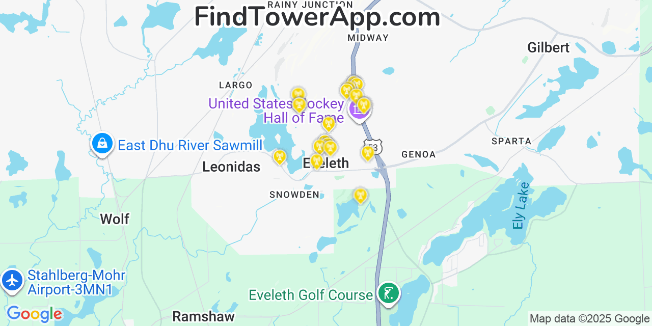 Map showing the 20 primary cell tower locations detected in Eveleth, Minnesota from AT&T, Verizon, and T-Mobile networks