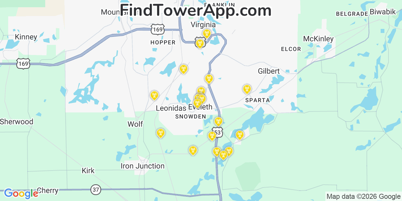Map showing the 20 primary cell tower locations detected in Eveleth, Minnesota from AT&T, Verizon, and T-Mobile networks