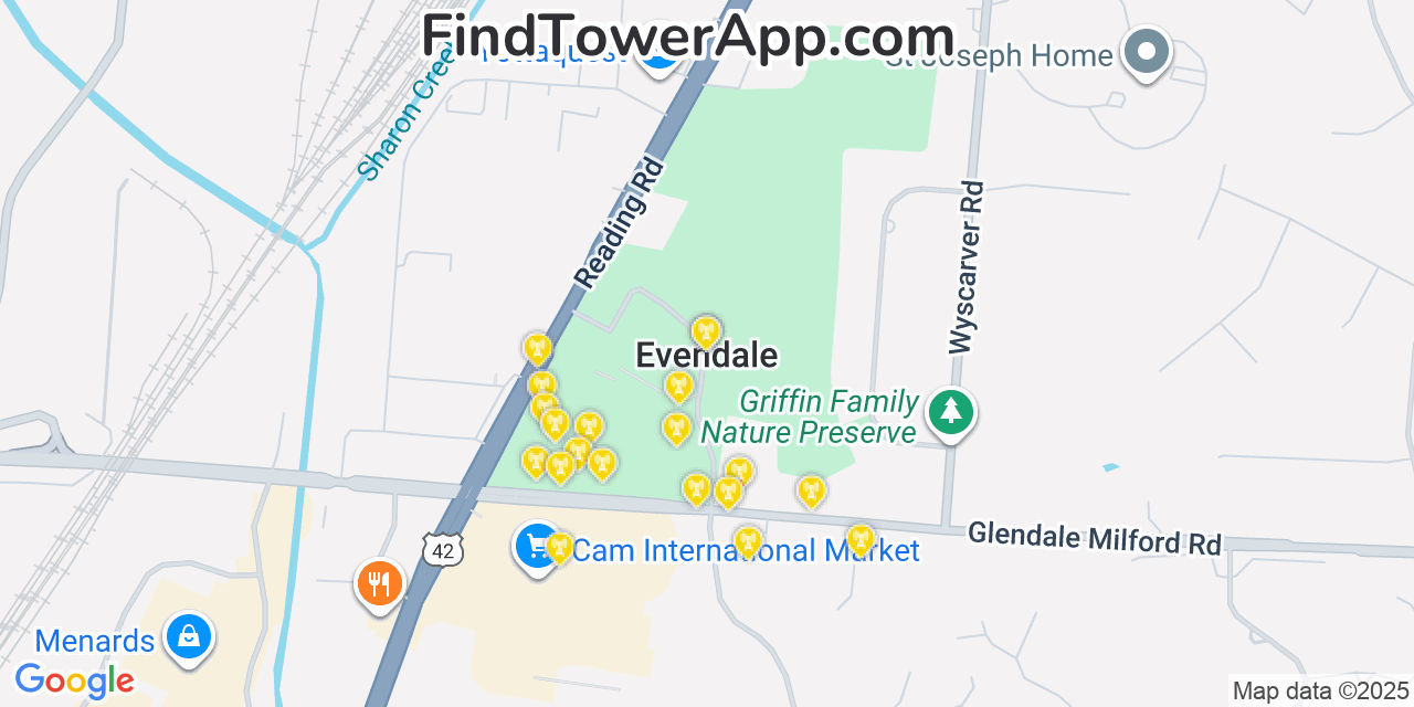 Map showing the 20 primary cell tower locations detected in Evendale, Ohio from AT&T, Verizon, and T-Mobile networks