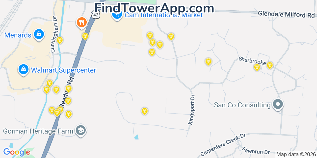 Map showing the 20 primary cell tower locations detected in Evendale, Ohio from AT&T, Verizon, and T-Mobile networks