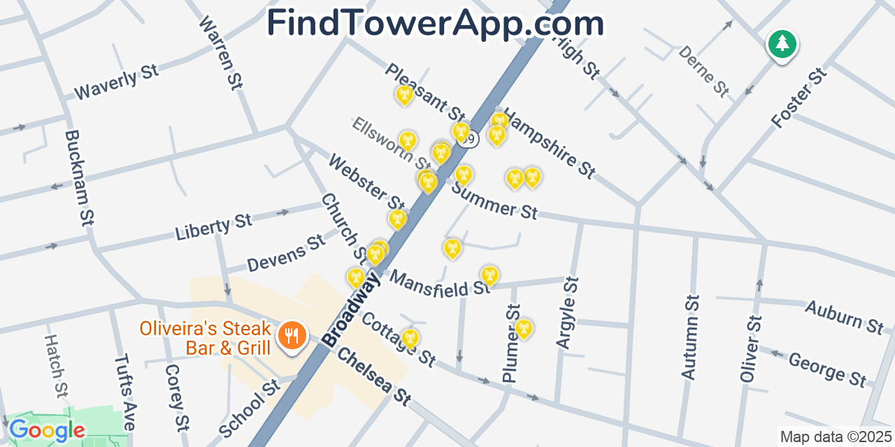 Map showing the 20 primary cell tower locations detected in Everett, Massachusetts from AT&T, Verizon, and T-Mobile networks