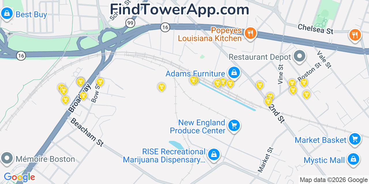 Map showing the 20 primary cell tower locations detected in Everett, Massachusetts from AT&T, Verizon, and T-Mobile networks