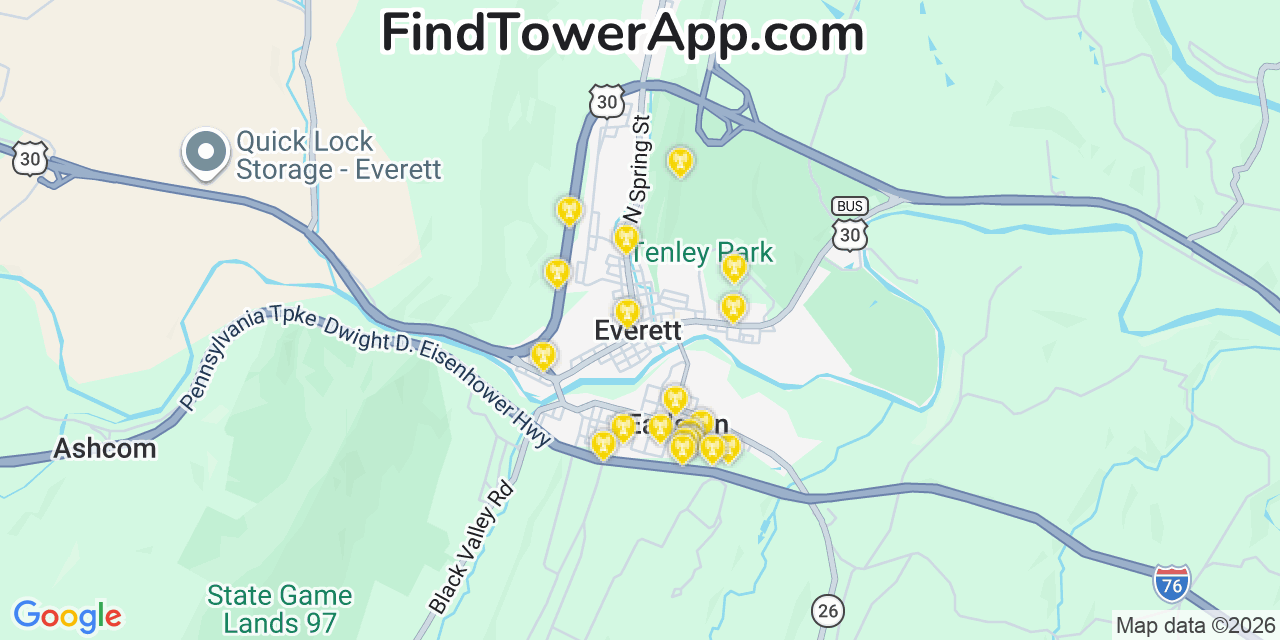 Map showing the 20 primary cell tower locations detected in Everett, Pennsylvania from AT&T, Verizon, and T-Mobile networks